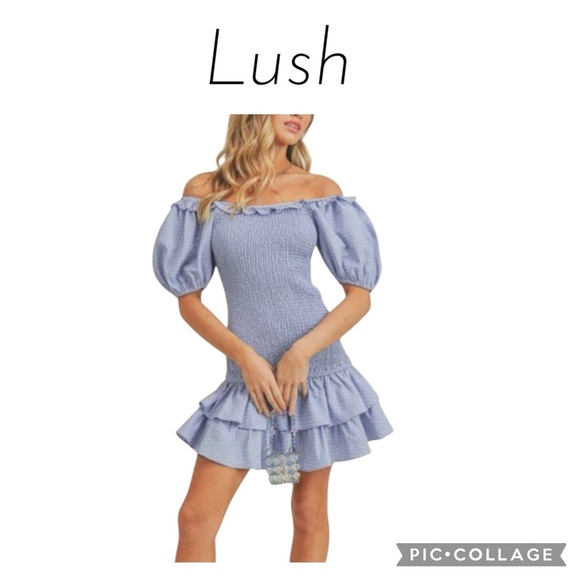 Lush Blue Off-Shoulder Smocked ruffled mini Dress NWT Size M - Picture 1 of 9